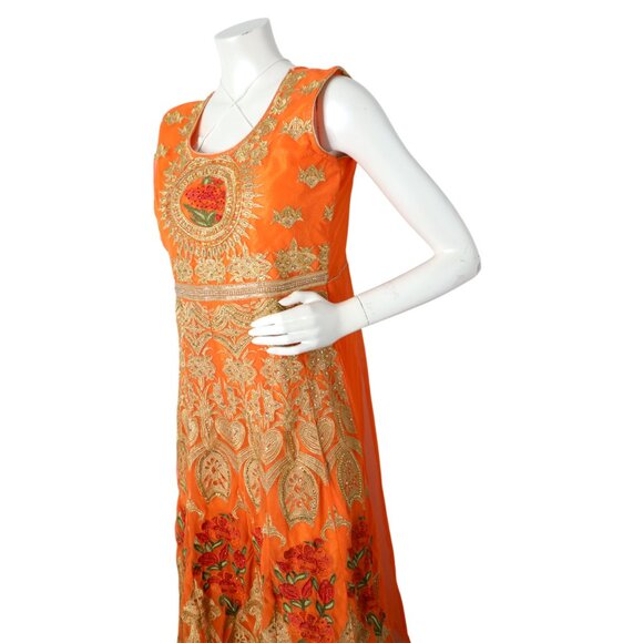 Stunning Orange & Gold Embroidered Anarkali Gown Indian Dress Suit Wedding - Picture 3 of 16